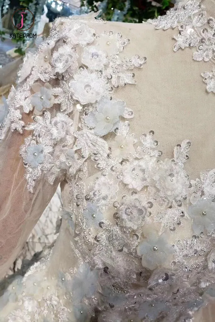 A Line High Neck Wedding Dresses with Flowers, Long Sleeves Bridal Dresses KPW0345