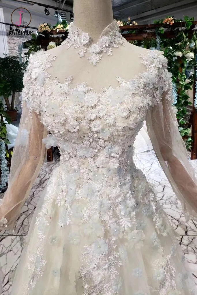 A Line High Neck Wedding Dresses with Flowers, Long Sleeves Bridal Dresses KPW0345