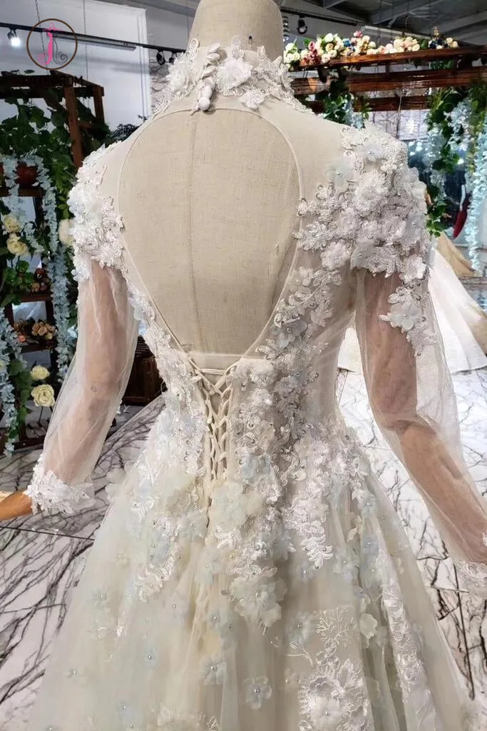 A Line High Neck Wedding Dresses with Flowers, Long Sleeves Bridal Dresses KPW0345