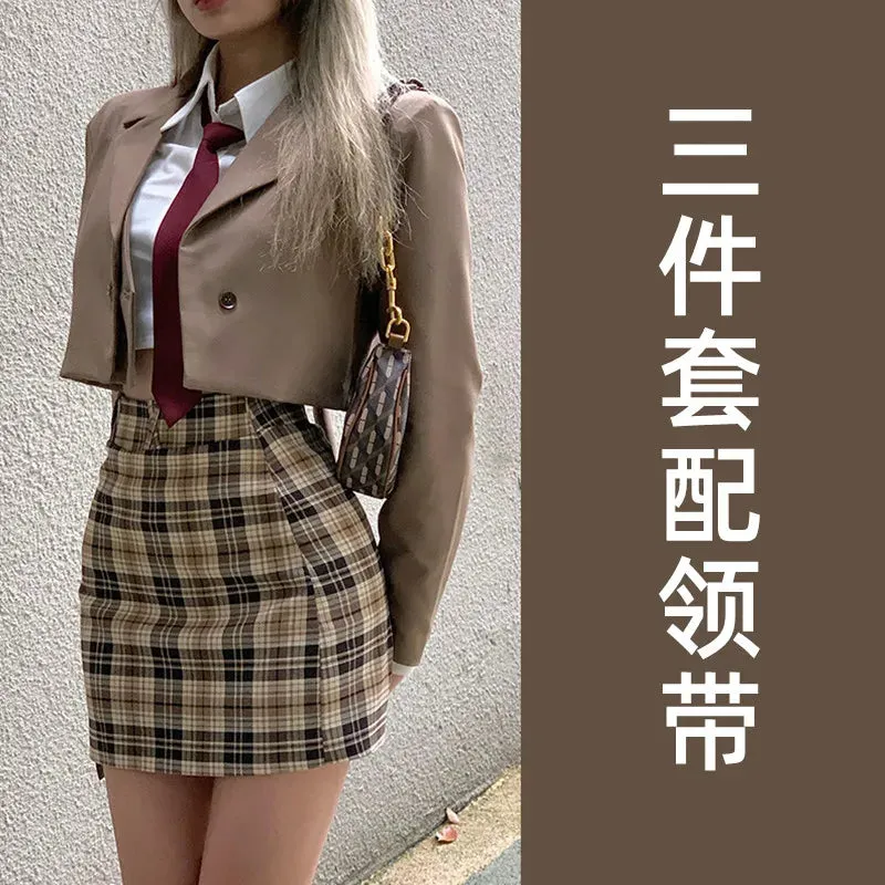 Advbridge -  Tweed Skirt Sets Ladies Korean Short Jacket Blazer Spring New Preppy College Style Hot Girls Wear Two Piece Skirts Women's Suits