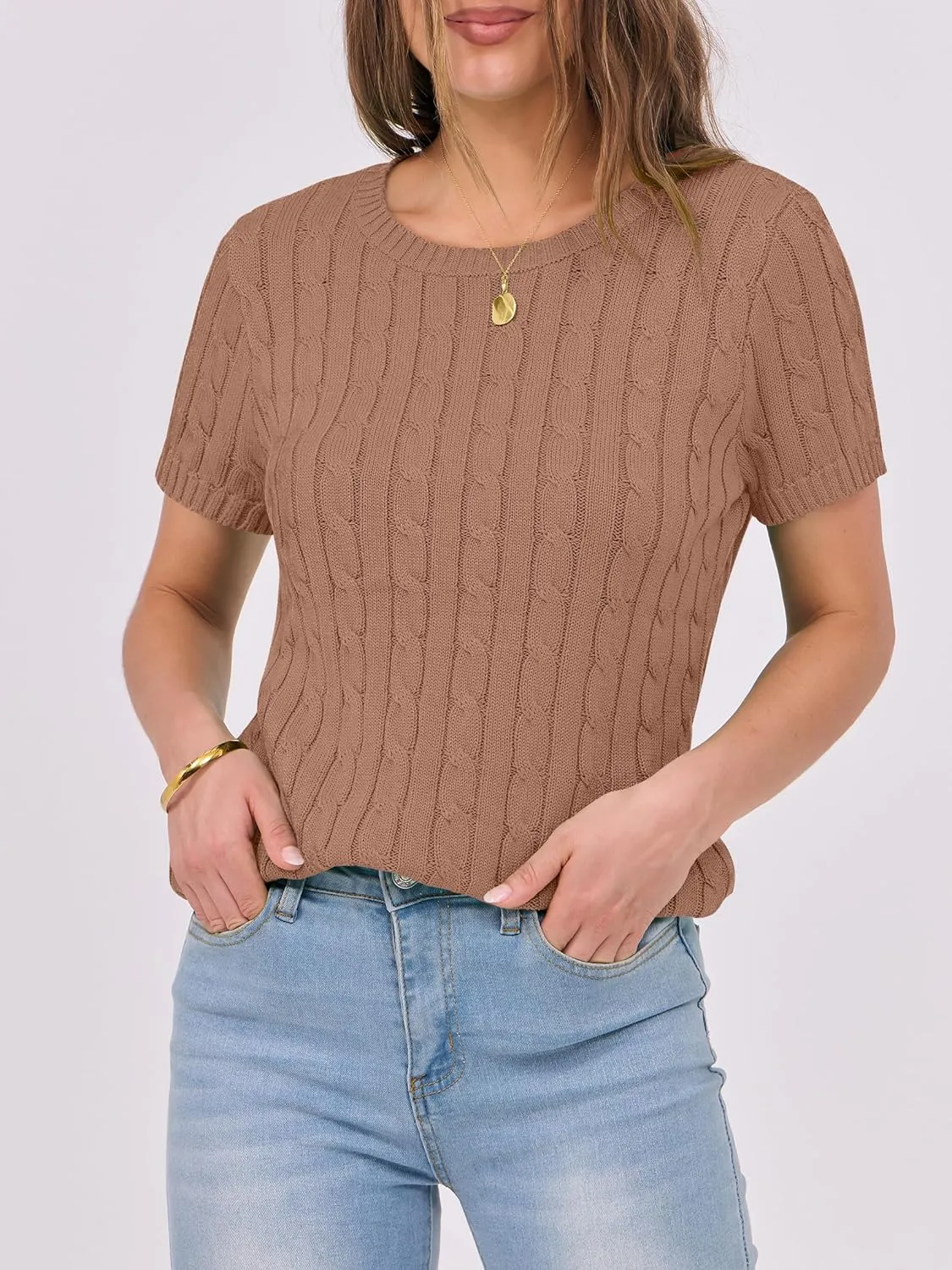 ANRABESS Womens Short Sleeve Sweaters Tops Crewneck Cable Knit Casual Soft Pullover Shirt 2025 Spring Summer Business Outfits