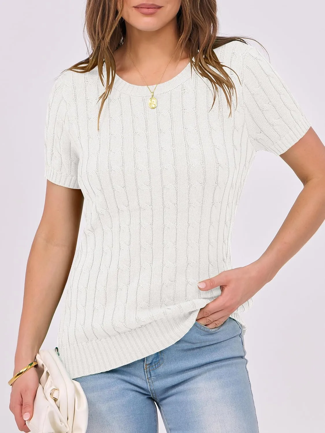 ANRABESS Womens Short Sleeve Sweaters Tops Crewneck Cable Knit Casual Soft Pullover Shirt 2025 Spring Summer Business Outfits