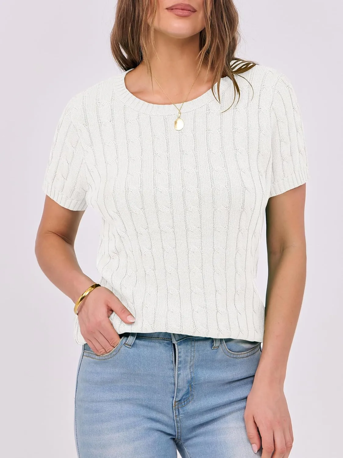 ANRABESS Womens Short Sleeve Sweaters Tops Crewneck Cable Knit Casual Soft Pullover Shirt 2025 Spring Summer Business Outfits