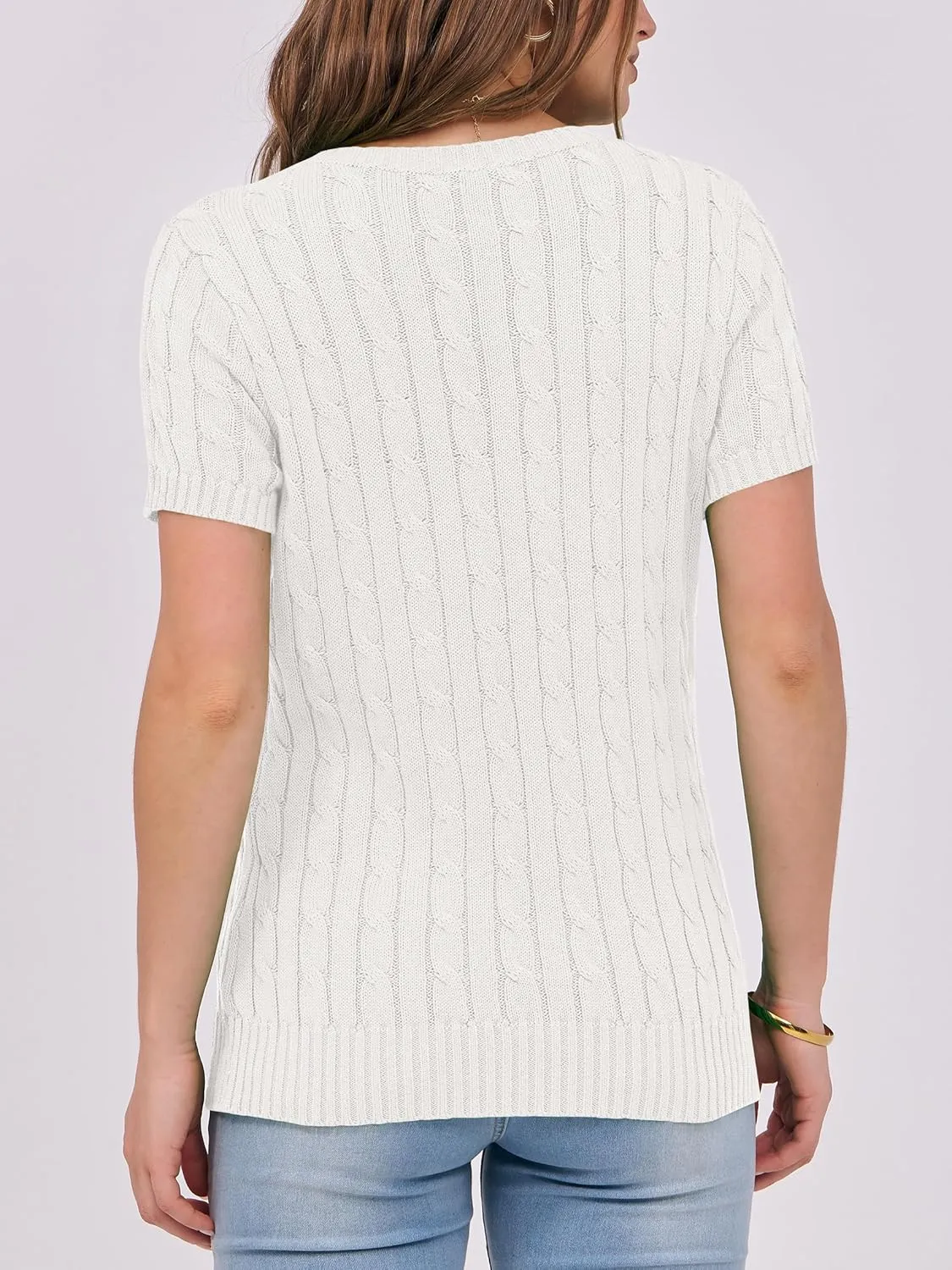ANRABESS Womens Short Sleeve Sweaters Tops Crewneck Cable Knit Casual Soft Pullover Shirt 2025 Spring Summer Business Outfits