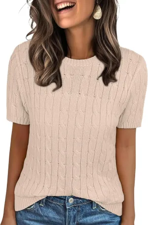ANRABESS Womens Short Sleeve Sweaters Tops Crewneck Cable Knit Casual Soft Pullover Shirt 2025 Spring Summer Business Outfits