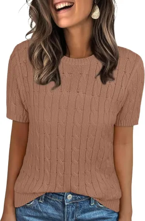 ANRABESS Womens Short Sleeve Sweaters Tops Crewneck Cable Knit Casual Soft Pullover Shirt 2025 Spring Summer Business Outfits
