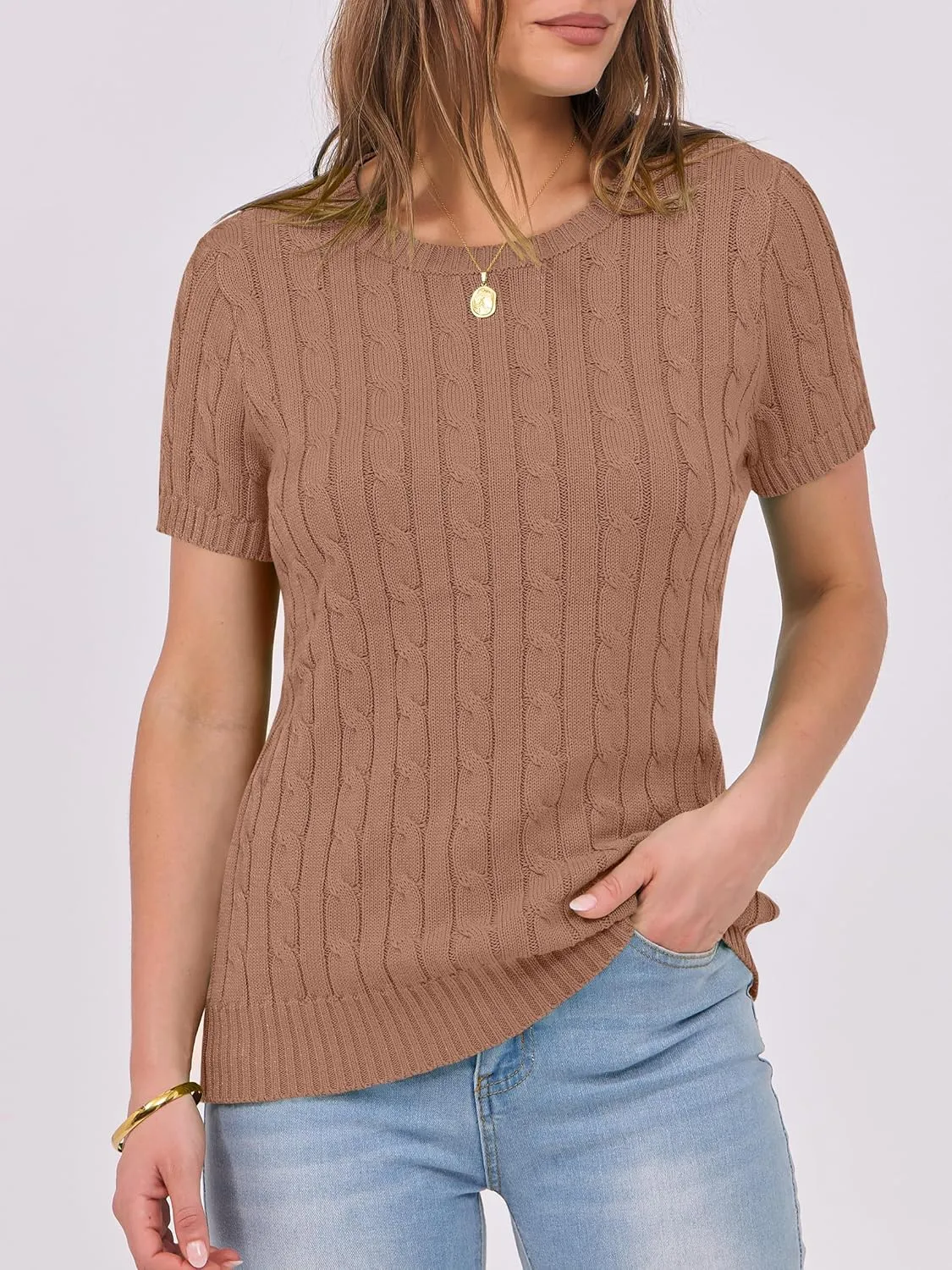 ANRABESS Womens Short Sleeve Sweaters Tops Crewneck Cable Knit Casual Soft Pullover Shirt 2025 Spring Summer Business Outfits