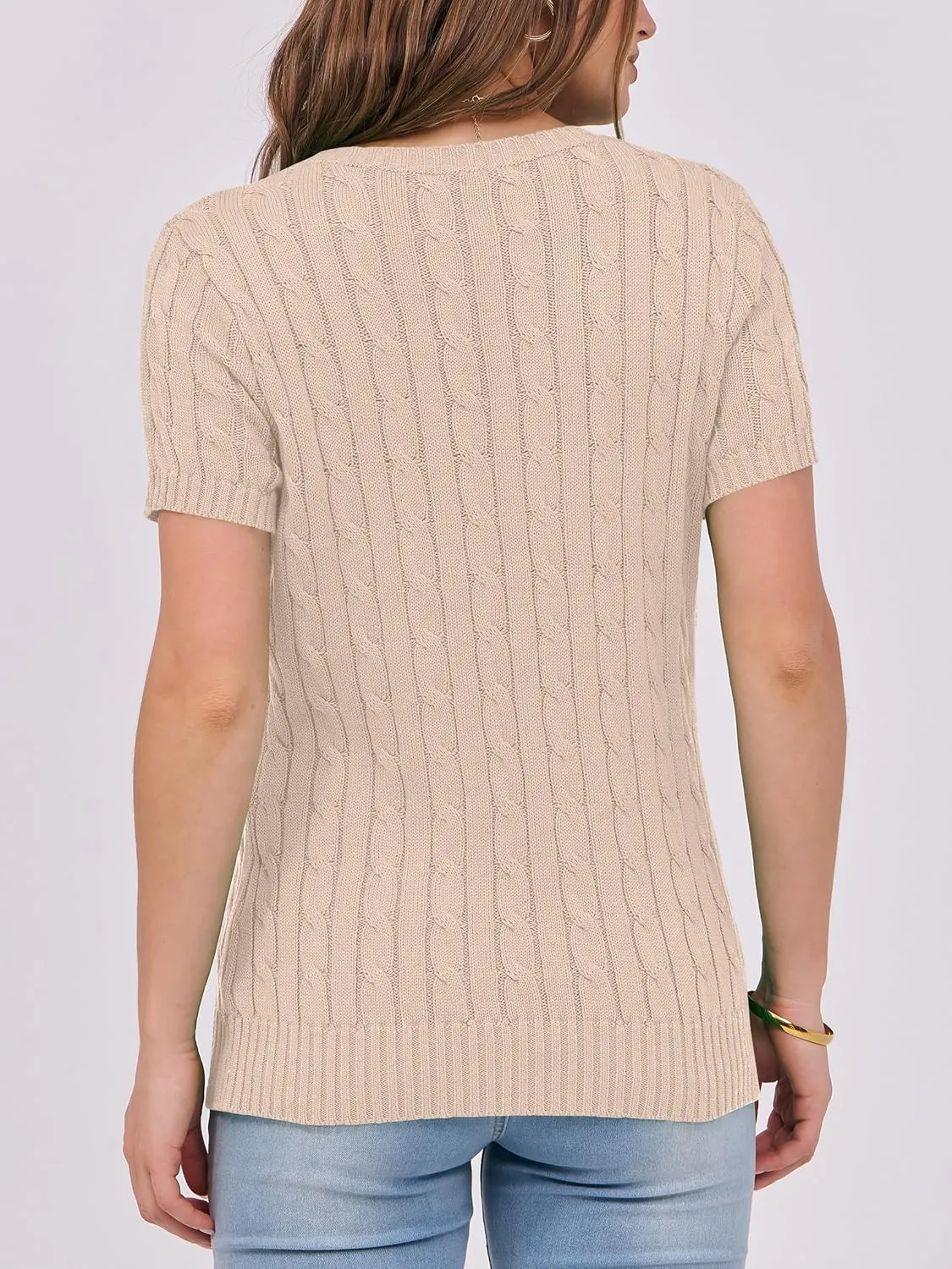 ANRABESS Womens Short Sleeve Sweaters Tops Crewneck Cable Knit Casual Soft Pullover Shirt 2025 Spring Summer Business Outfits