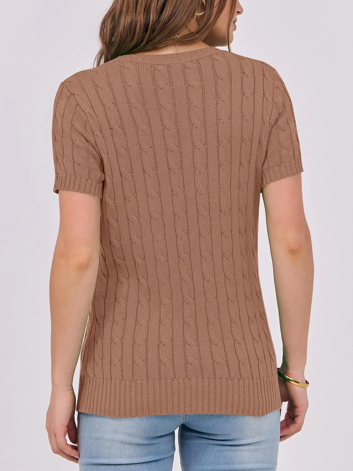 ANRABESS Womens Short Sleeve Sweaters Tops Crewneck Cable Knit Casual Soft Pullover Shirt 2025 Spring Summer Business Outfits