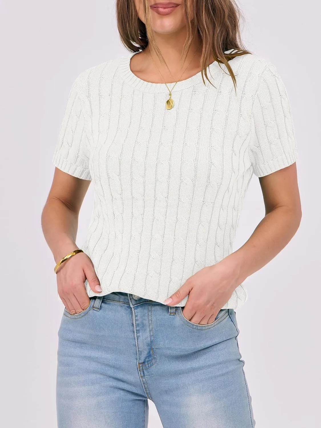 ANRABESS Womens Short Sleeve Sweaters Tops Crewneck Cable Knit Casual Soft Pullover Shirt 2025 Spring Summer Business Outfits
