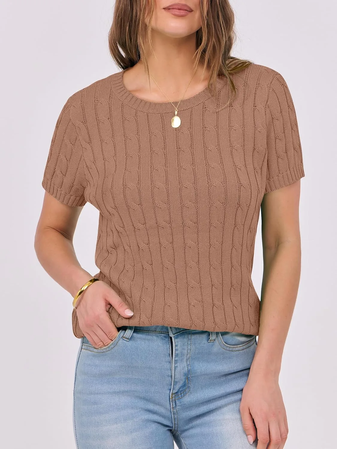 ANRABESS Womens Short Sleeve Sweaters Tops Crewneck Cable Knit Casual Soft Pullover Shirt 2025 Spring Summer Business Outfits