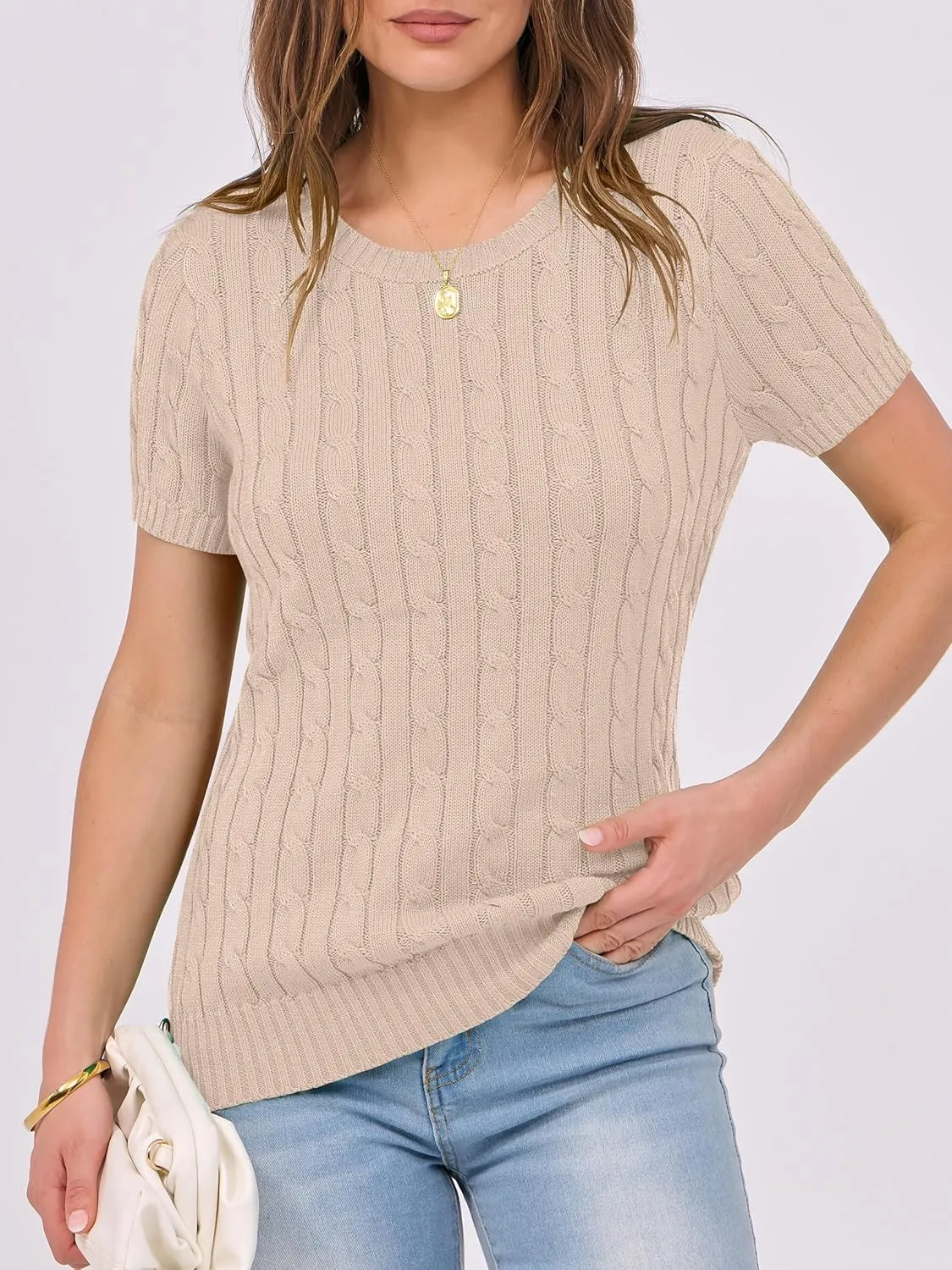 ANRABESS Womens Short Sleeve Sweaters Tops Crewneck Cable Knit Casual Soft Pullover Shirt 2025 Spring Summer Business Outfits