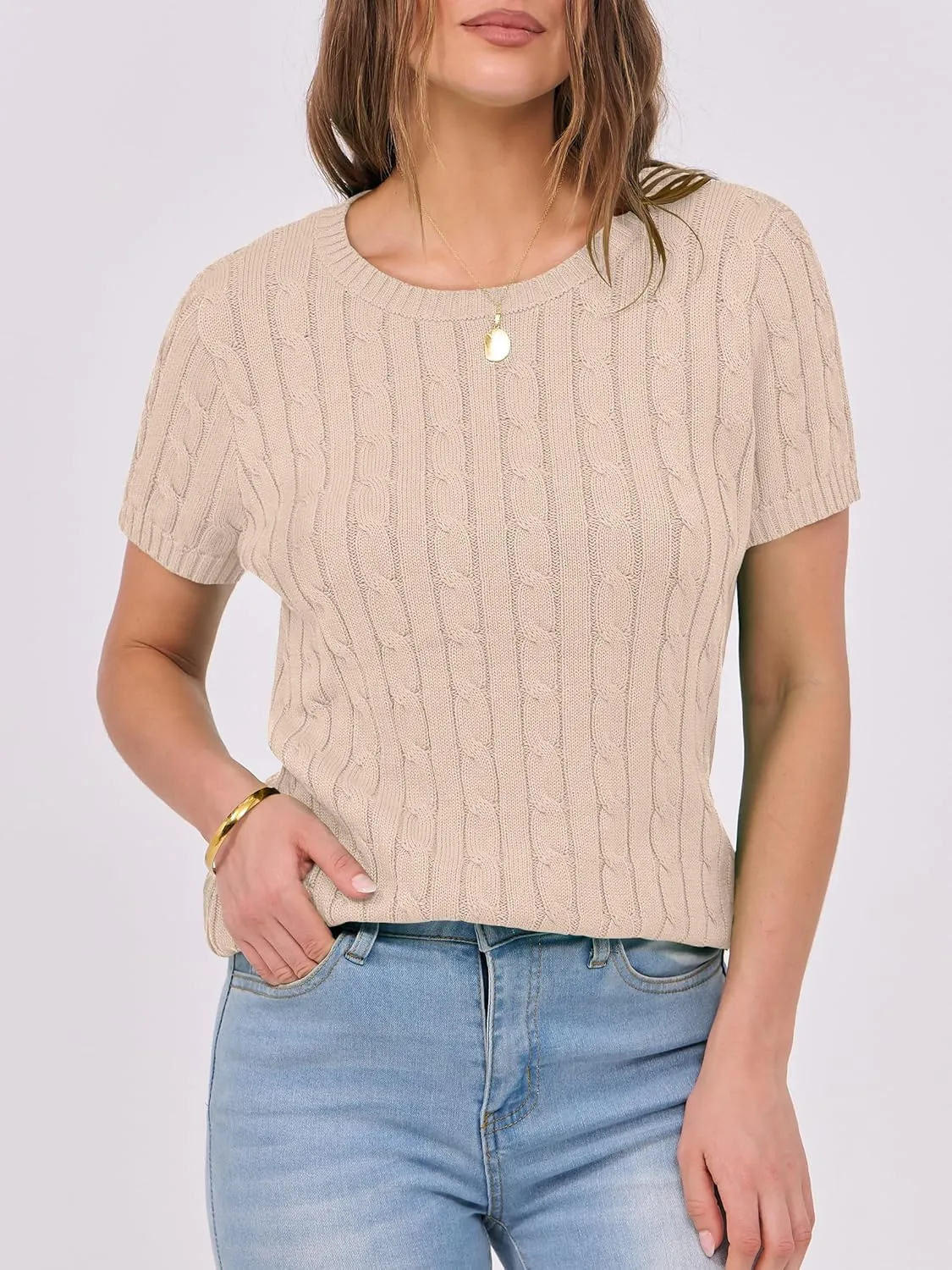 ANRABESS Womens Short Sleeve Sweaters Tops Crewneck Cable Knit Casual Soft Pullover Shirt 2025 Spring Summer Business Outfits
