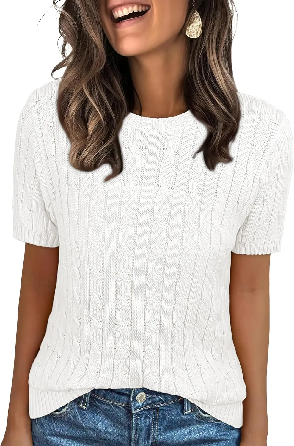 ANRABESS Womens Short Sleeve Sweaters Tops Crewneck Cable Knit Casual Soft Pullover Shirt 2025 Spring Summer Business Outfits