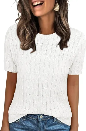 ANRABESS Womens Short Sleeve Sweaters Tops Crewneck Cable Knit Casual Soft Pullover Shirt 2025 Spring Summer Business Outfits