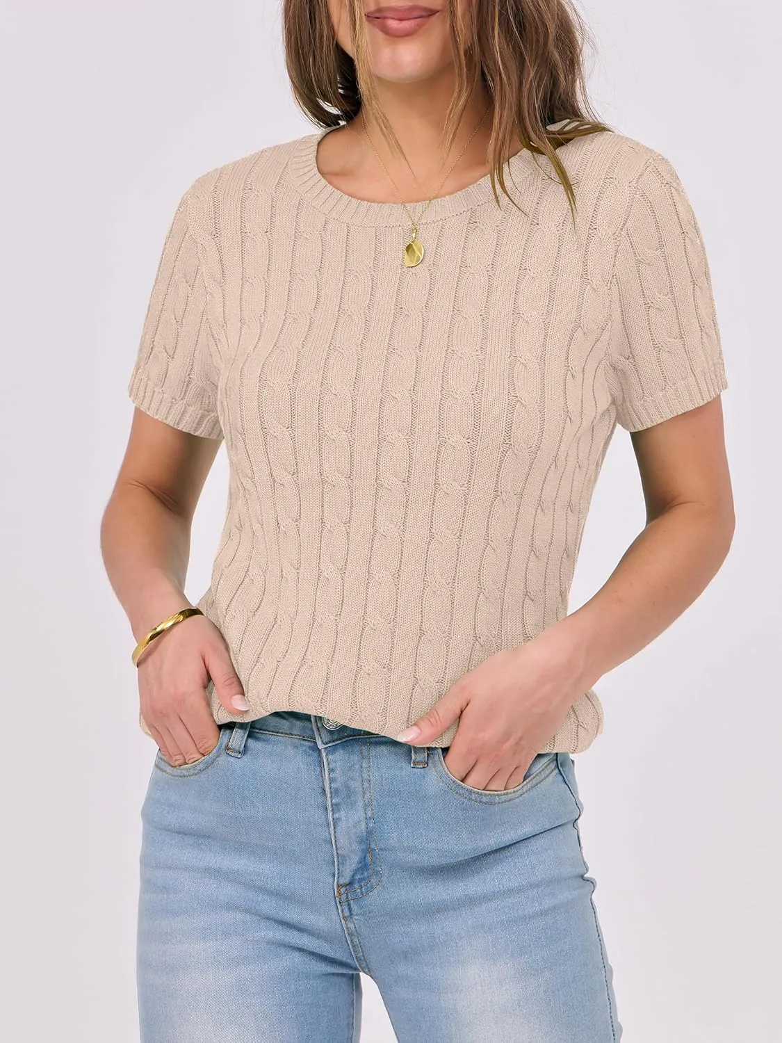 ANRABESS Womens Short Sleeve Sweaters Tops Crewneck Cable Knit Casual Soft Pullover Shirt 2025 Spring Summer Business Outfits