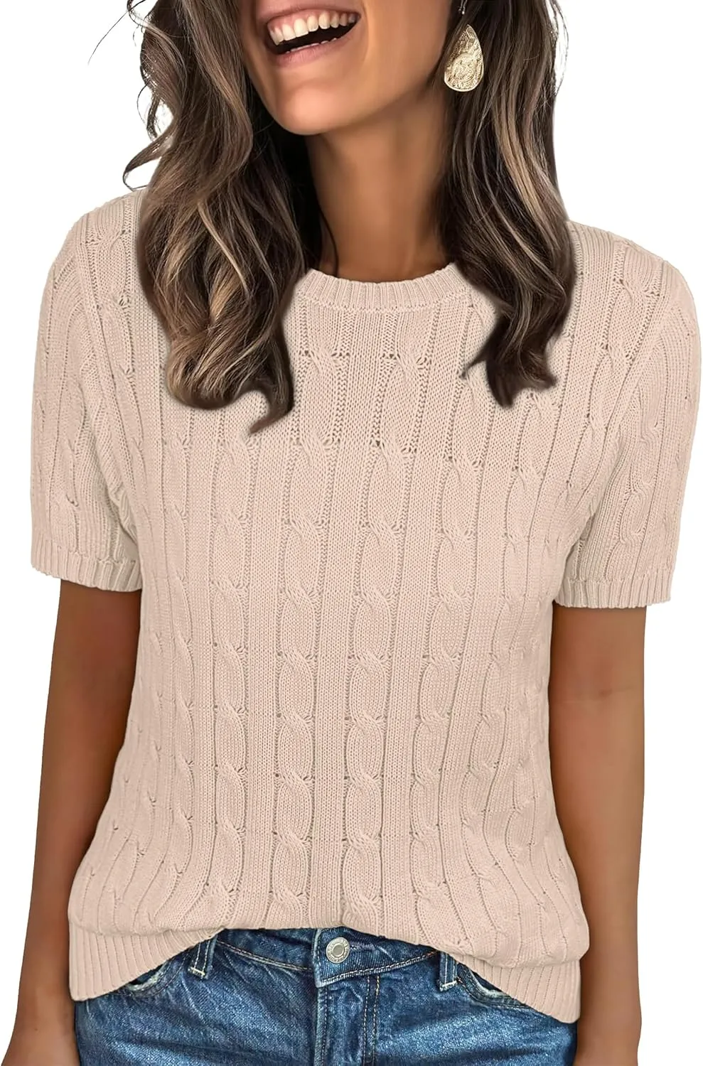 ANRABESS Womens Short Sleeve Sweaters Tops Crewneck Cable Knit Casual Soft Pullover Shirt 2025 Spring Summer Business Outfits