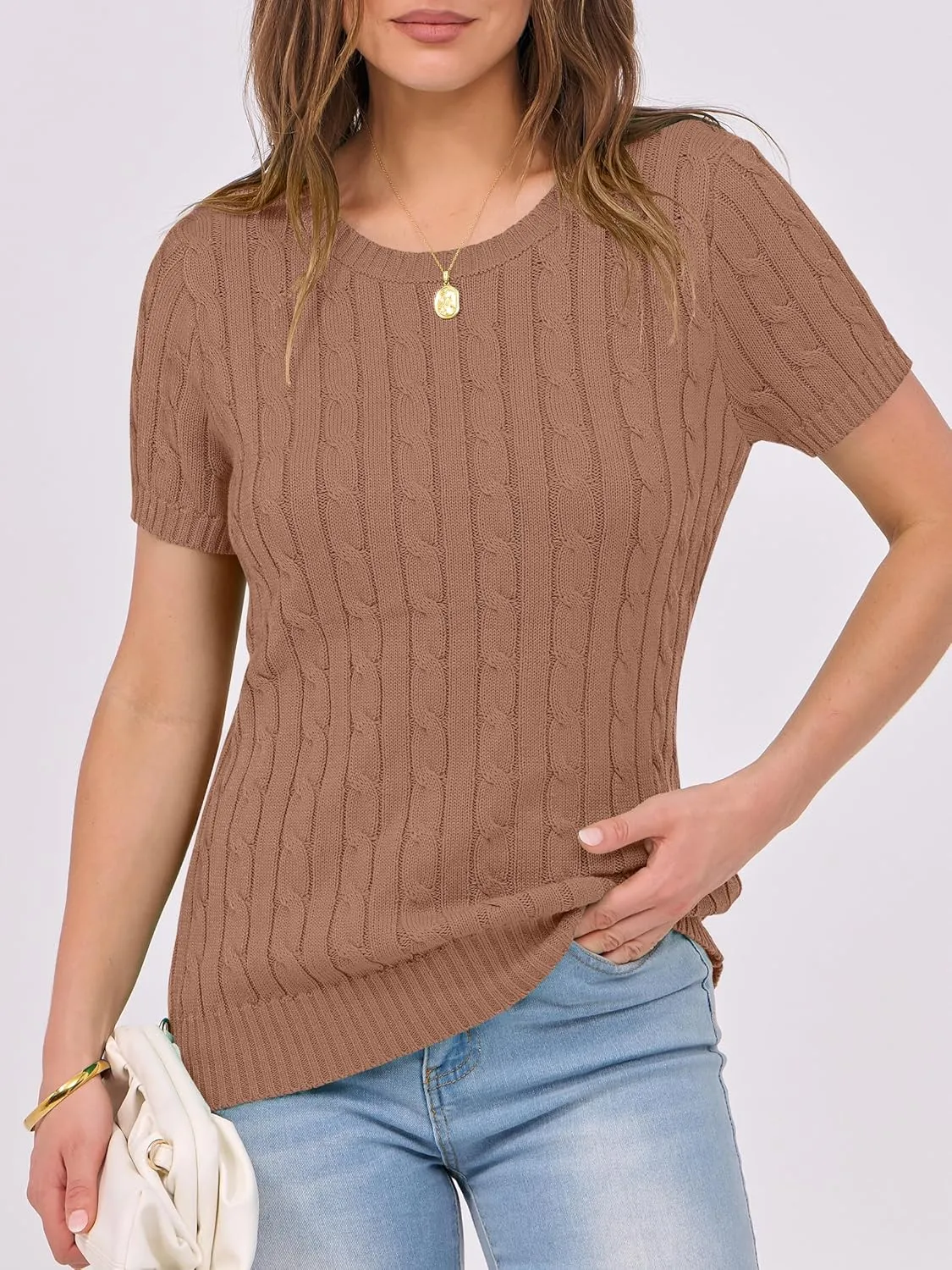 ANRABESS Womens Short Sleeve Sweaters Tops Crewneck Cable Knit Casual Soft Pullover Shirt 2025 Spring Summer Business Outfits