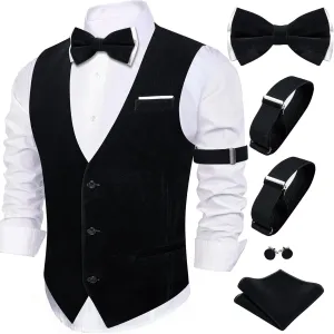 Barry.Wang Men's Velvet Vests Formal Waistcoat Bowtie Set Hanky Cufflink Armband Wedding Party Tuxedo Vest 6PCS