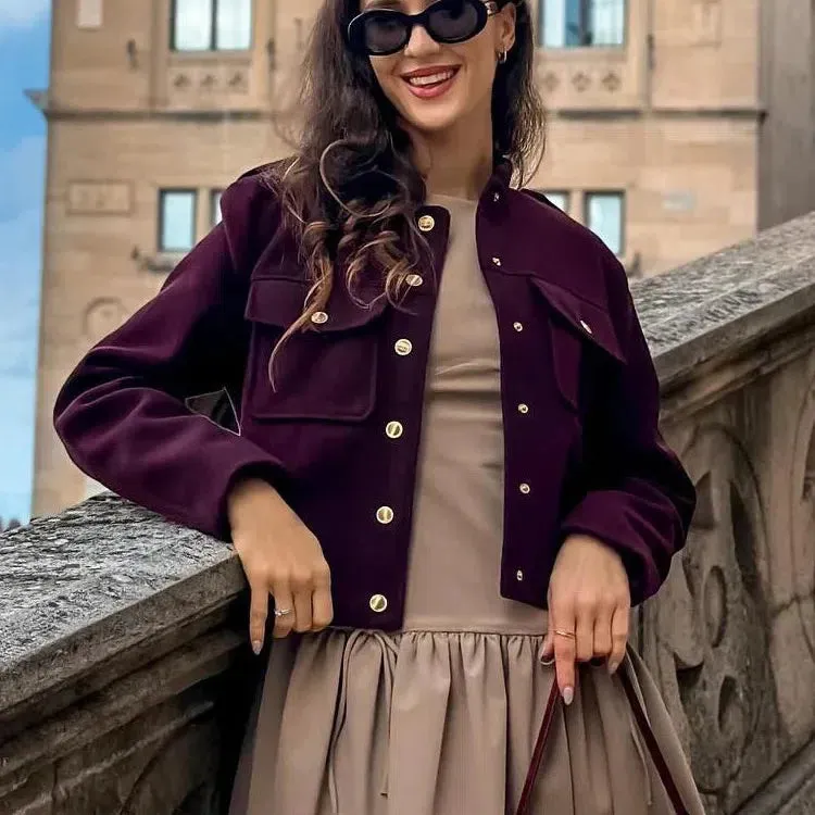 Chic Vintage Women’s Soft Tweed Bomber Jacket with Pockets & Buttons - Cozy Loose Fit for Year-Round Style