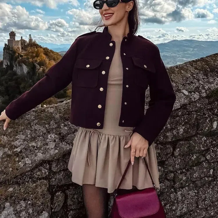 Chic Vintage Women’s Soft Tweed Bomber Jacket with Pockets & Buttons - Cozy Loose Fit for Year-Round Style