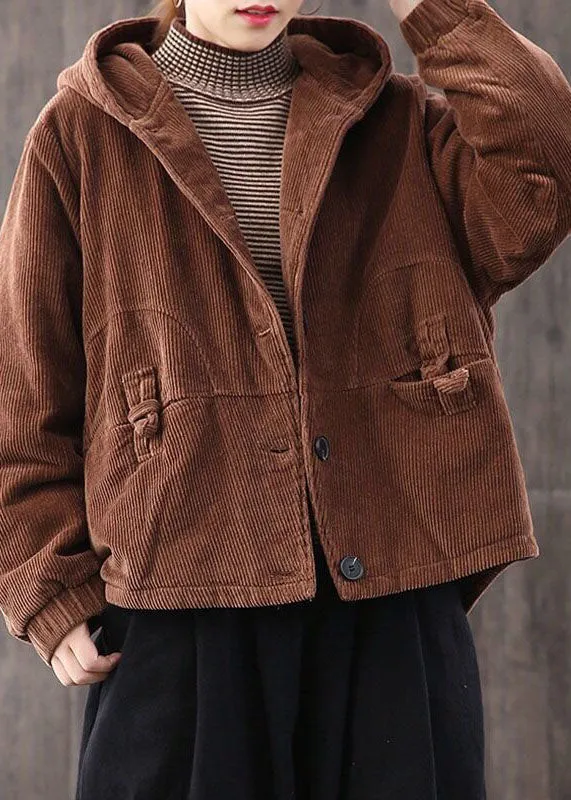 Chocolate Thick Fine Cotton Filled Corduroy Hooded Coat Winter