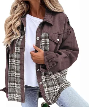 Denim Jackets for Women Casual Fall Fashion 2024 Plaid Shacket Long Sleeve Button Down Shirts Jackets Fall Outfits