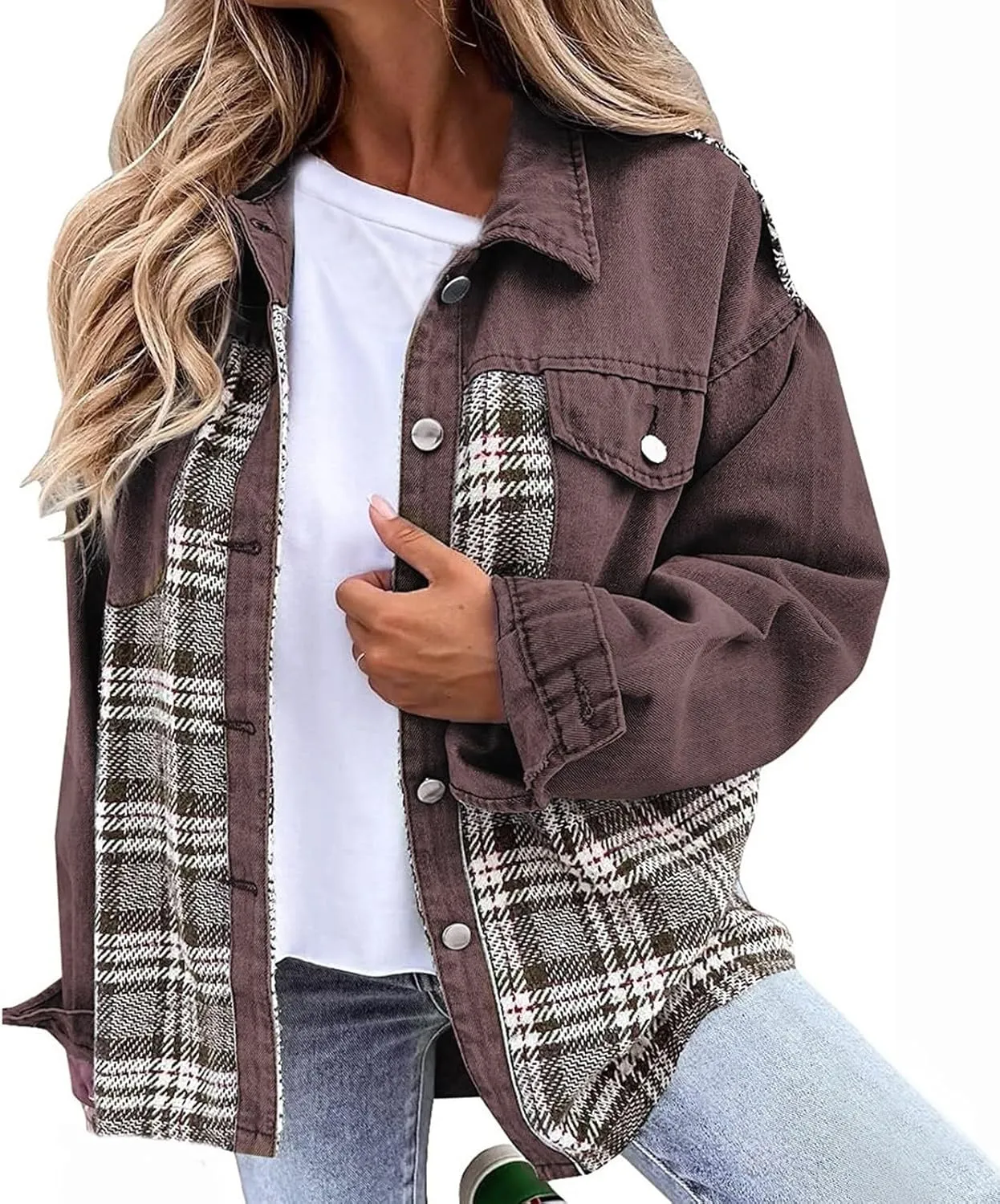Denim Jackets for Women Casual Fall Fashion 2024 Plaid Shacket Long Sleeve Button Down Shirts Jackets Fall Outfits