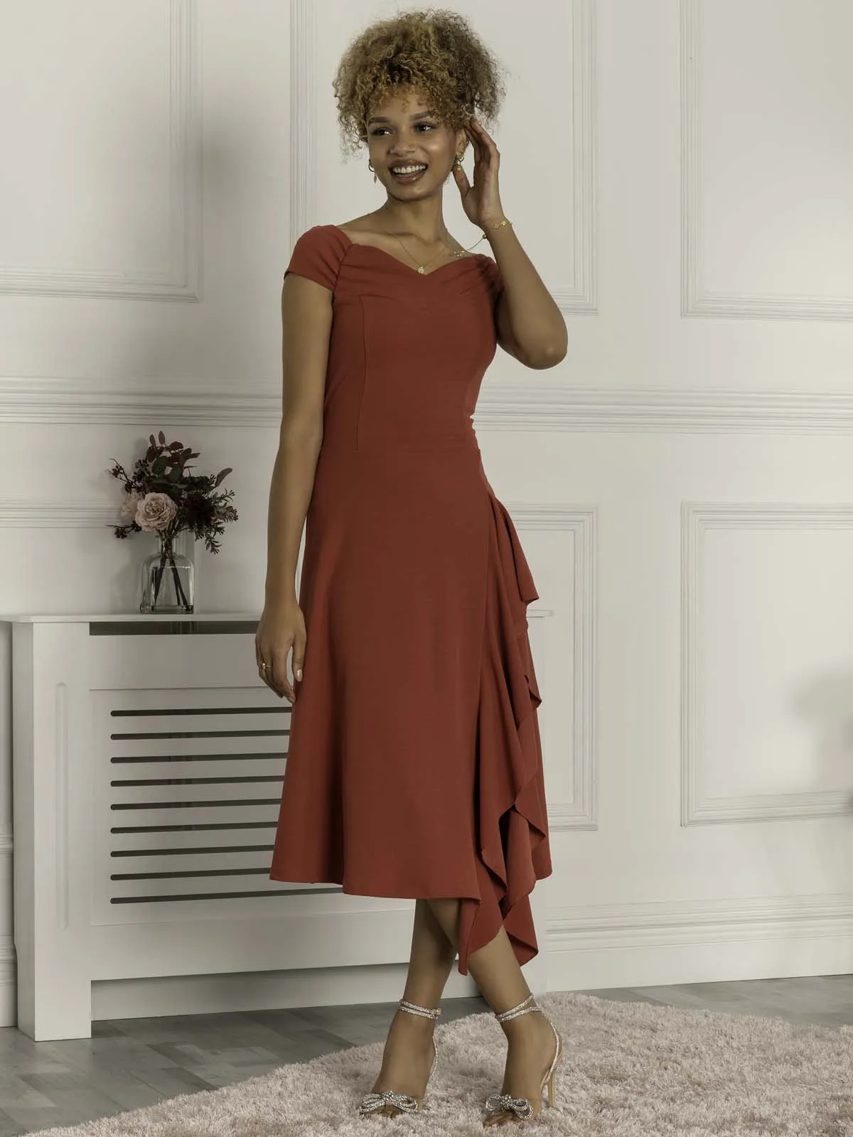 Desiree Frill Fit & Flare Dress, Rusty Red