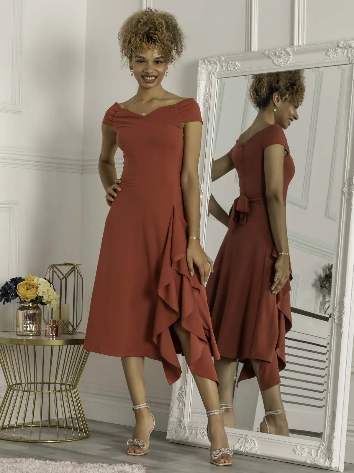 Desiree Frill Fit & Flare Dress, Rusty Red
