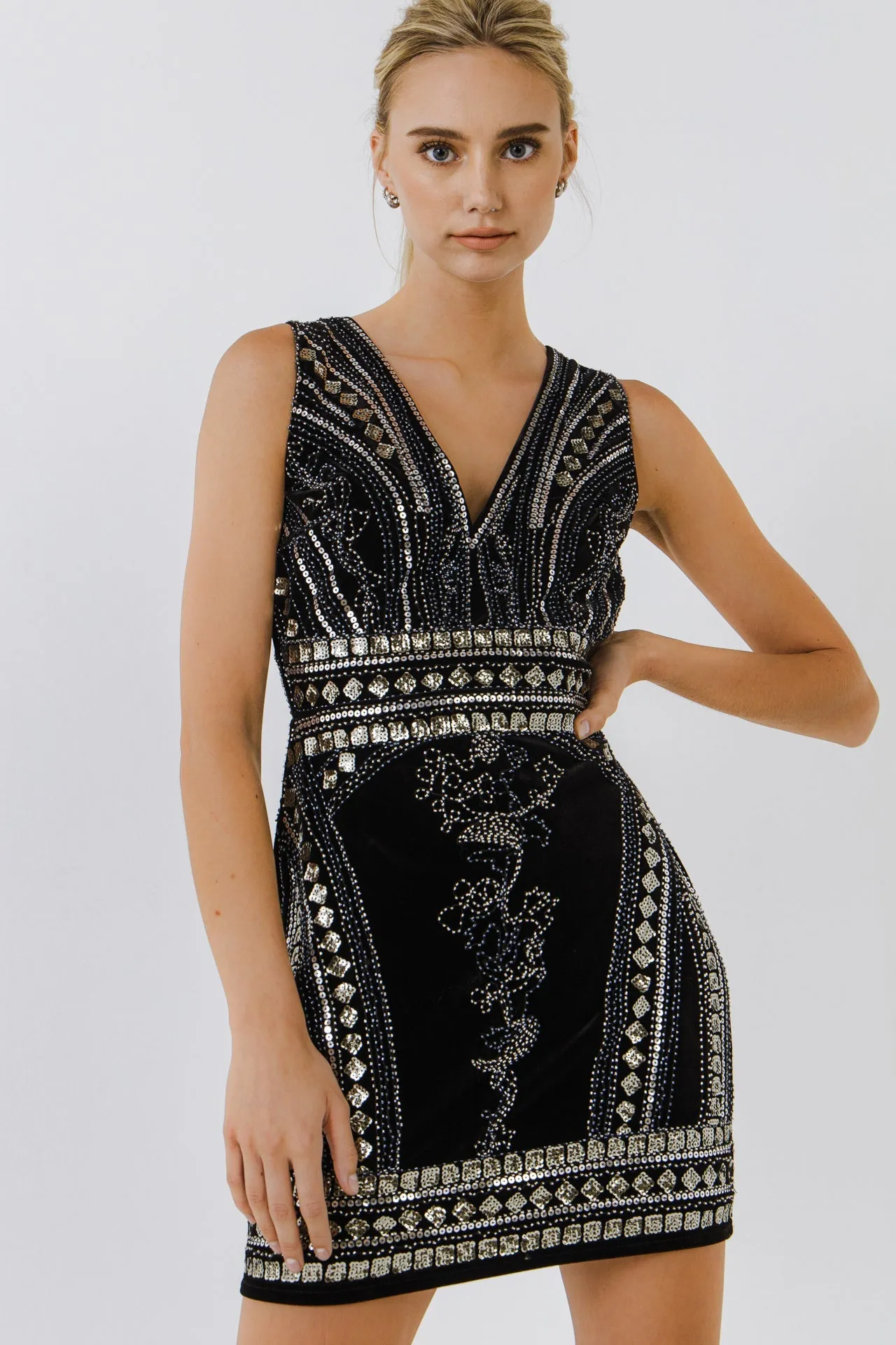 Embellished Velvet Mini Dress