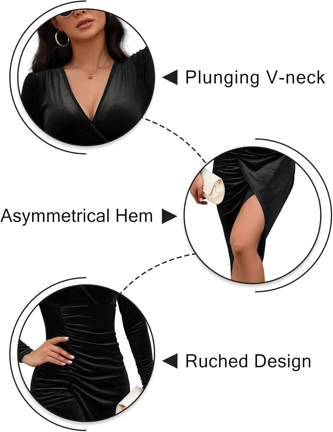 IFFEI Womens Wedding Guest Cocktail Dresses Fall Winter Velvet Dress for Women Ruched V Neck Long Sleeve Bodycon Mini Dress
