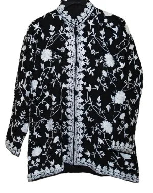 Kashmiri Woolen Jacket, White on Black #AO-056