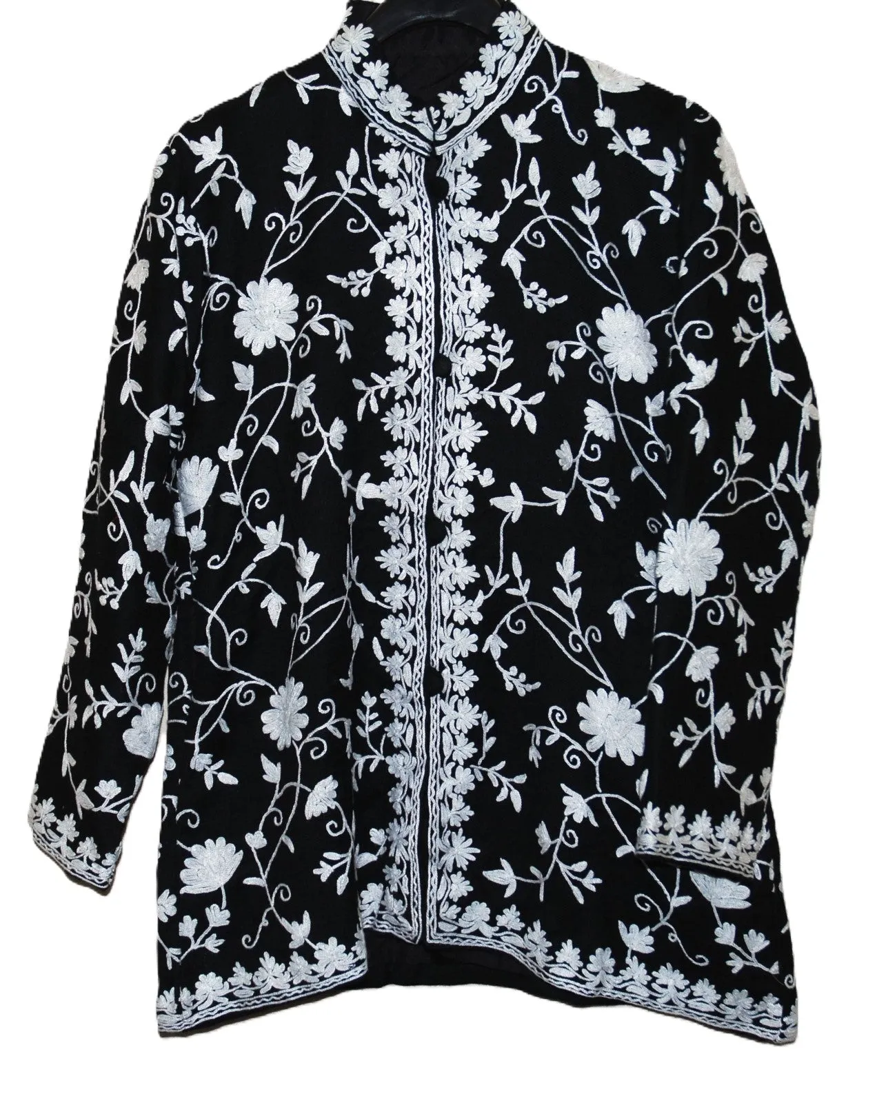 Kashmiri Woolen Jacket, White on Black #AO-056