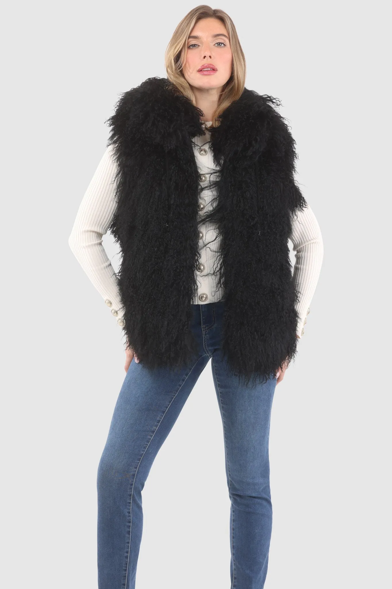 Reversible Mongolian Shearling Lamb Vest with Loro Piana Wool and Cashmere Blend