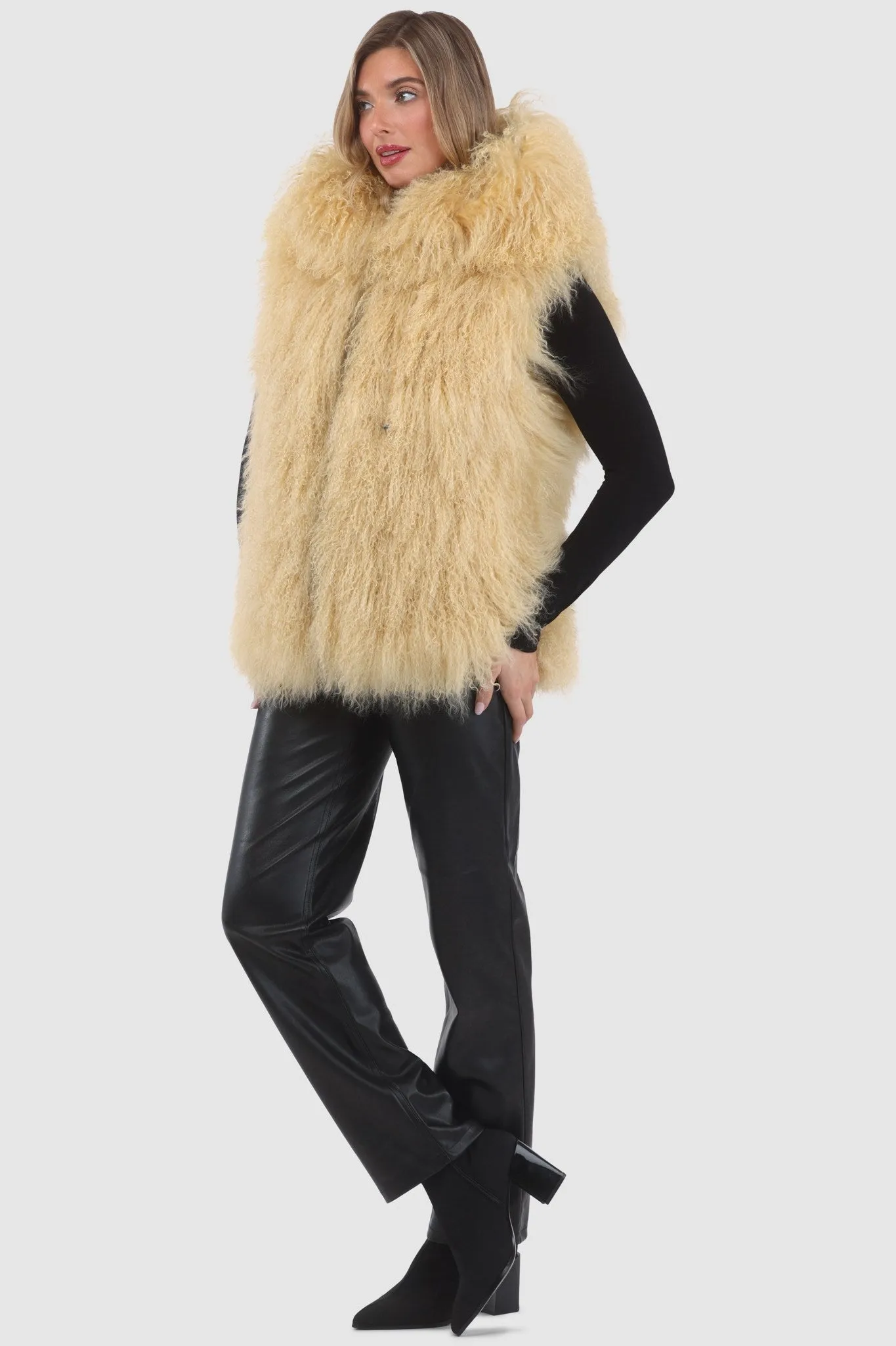 Reversible Mongolian Shearling Lamb Vest with Loro Piana Wool and Cashmere Blend