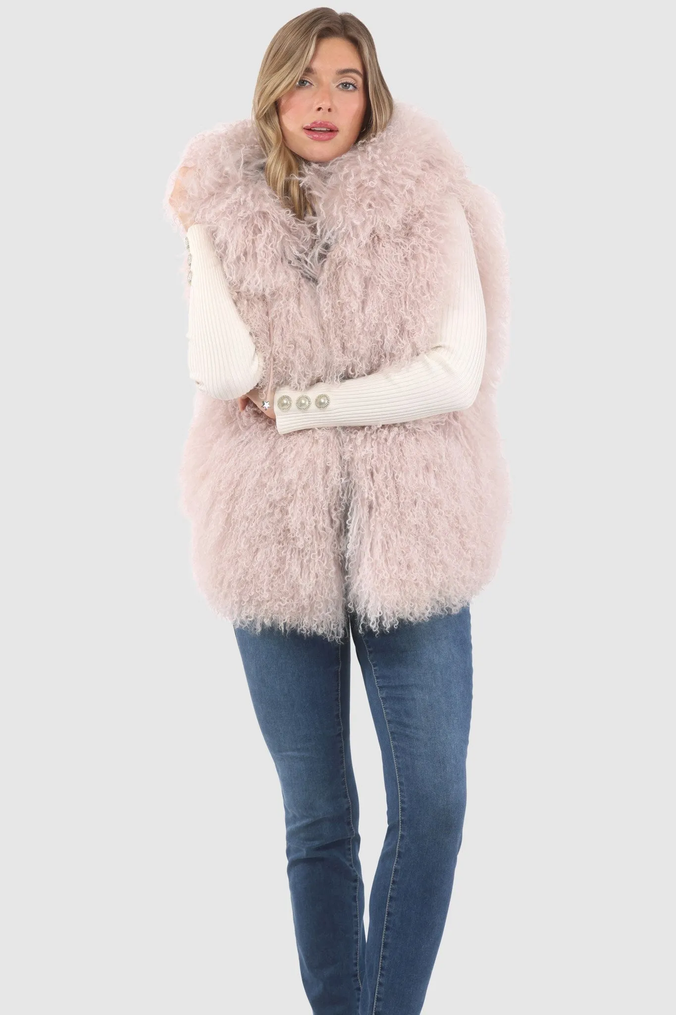 Reversible Mongolian Shearling Lamb Vest with Loro Piana Wool and Cashmere Blend