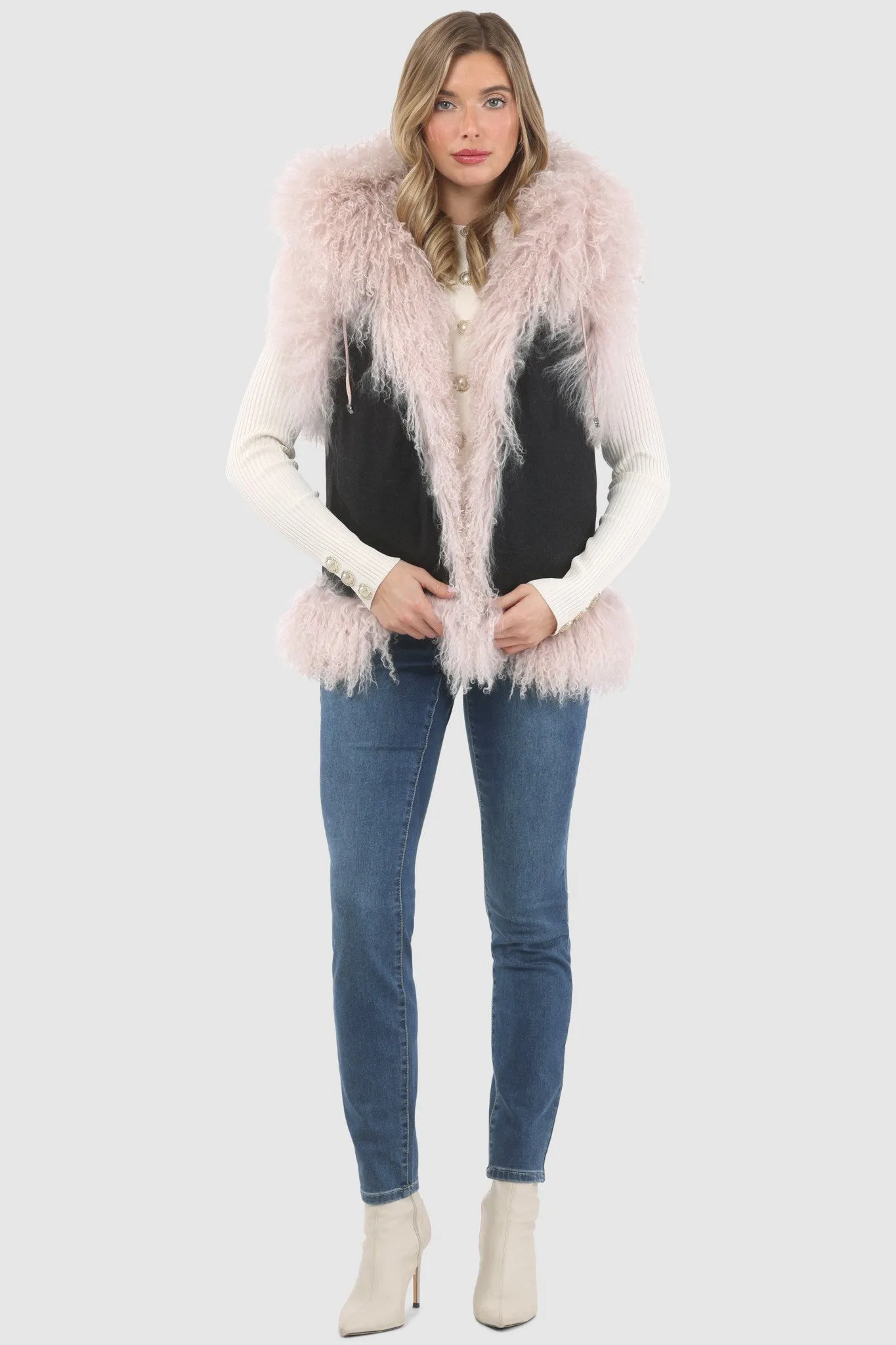 Reversible Mongolian Shearling Lamb Vest with Loro Piana Wool and Cashmere Blend