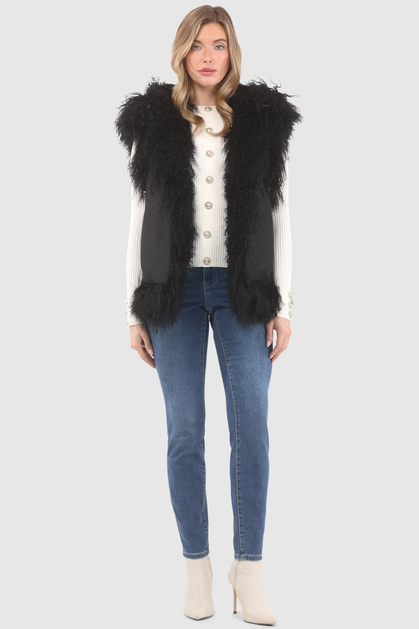 Reversible Mongolian Shearling Lamb Vest with Loro Piana Wool and Cashmere Blend