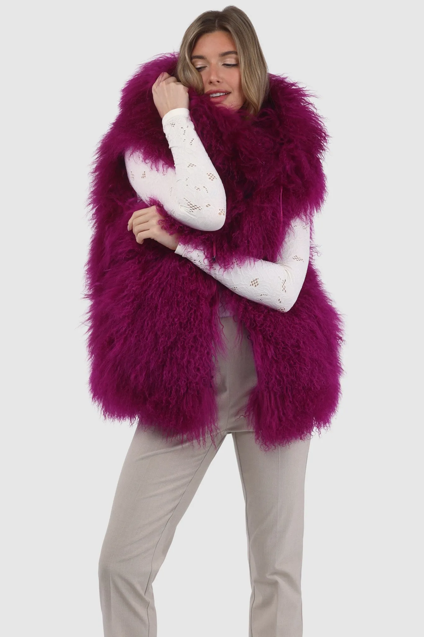 Reversible Mongolian Shearling Lamb Vest with Loro Piana Wool and Cashmere Blend