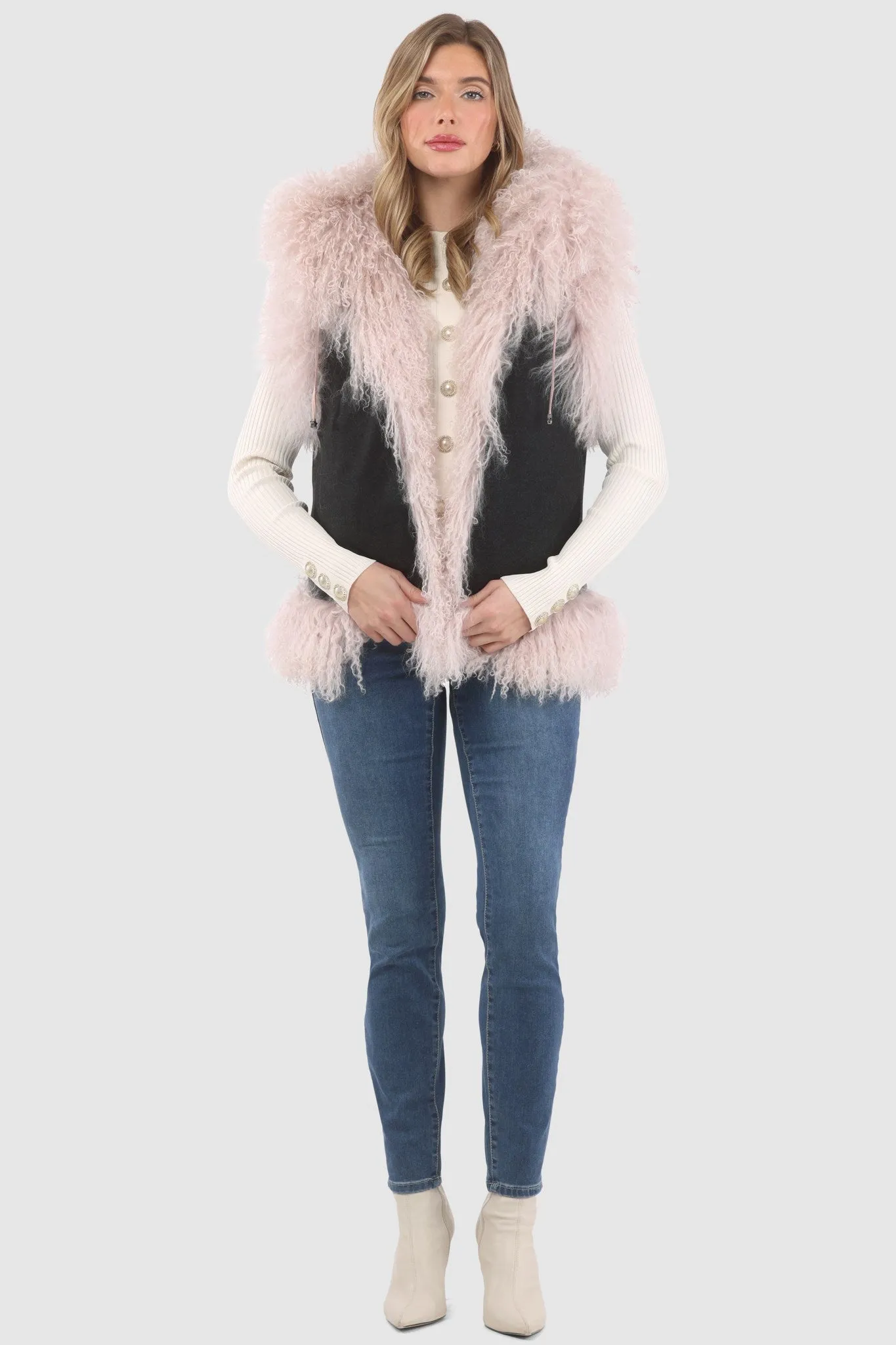 Reversible Mongolian Shearling Lamb Vest with Loro Piana Wool and Cashmere Blend