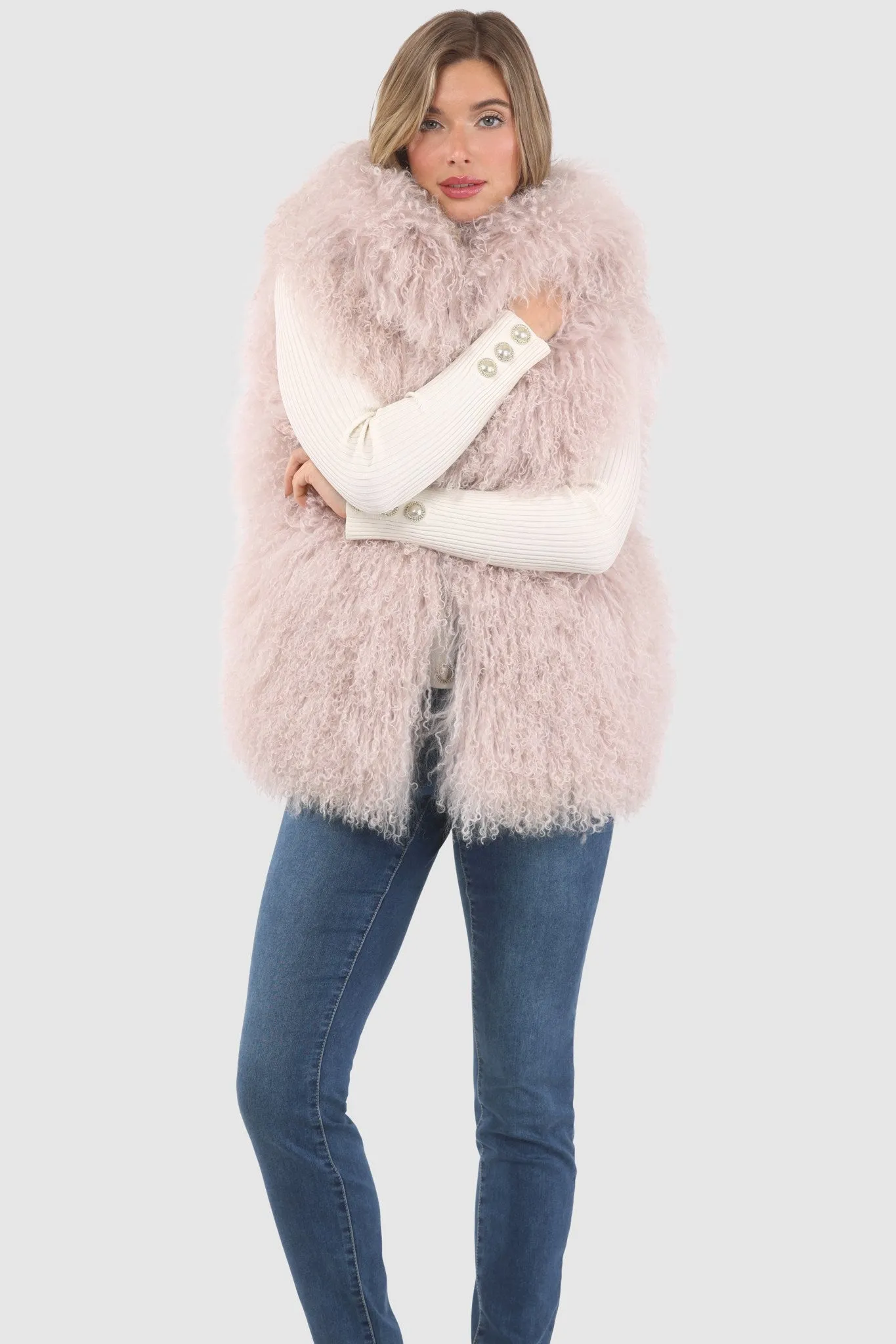 Reversible Mongolian Shearling Lamb Vest with Loro Piana Wool and Cashmere Blend