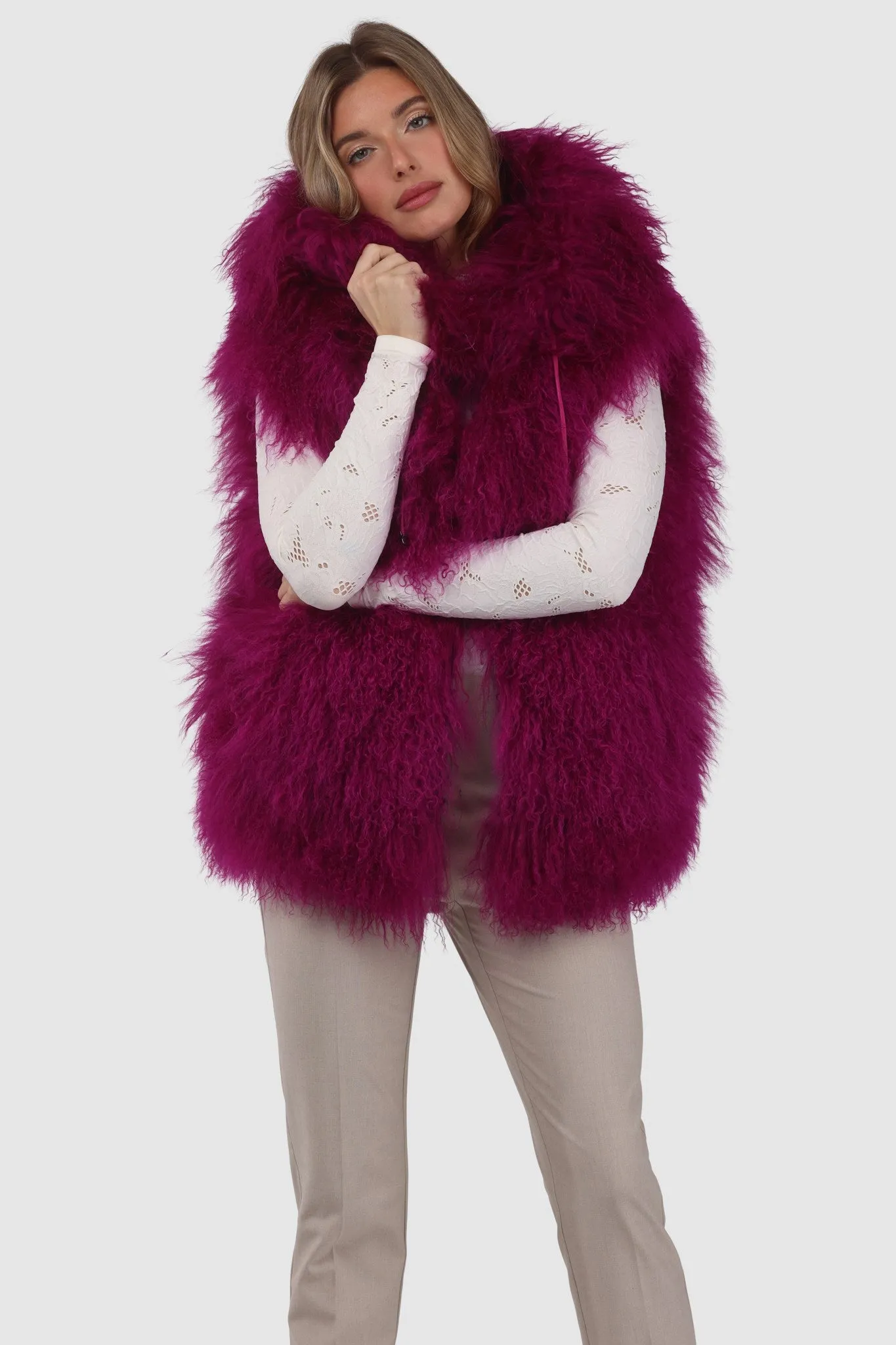 Reversible Mongolian Shearling Lamb Vest with Loro Piana Wool and Cashmere Blend