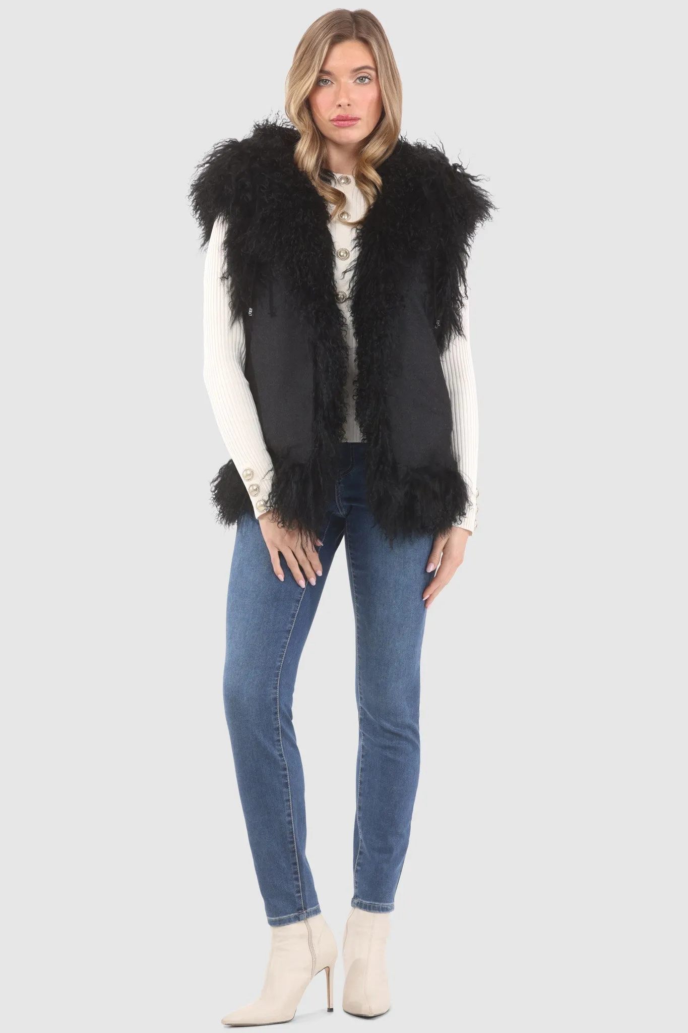Reversible Mongolian Shearling Lamb Vest with Loro Piana Wool and Cashmere Blend