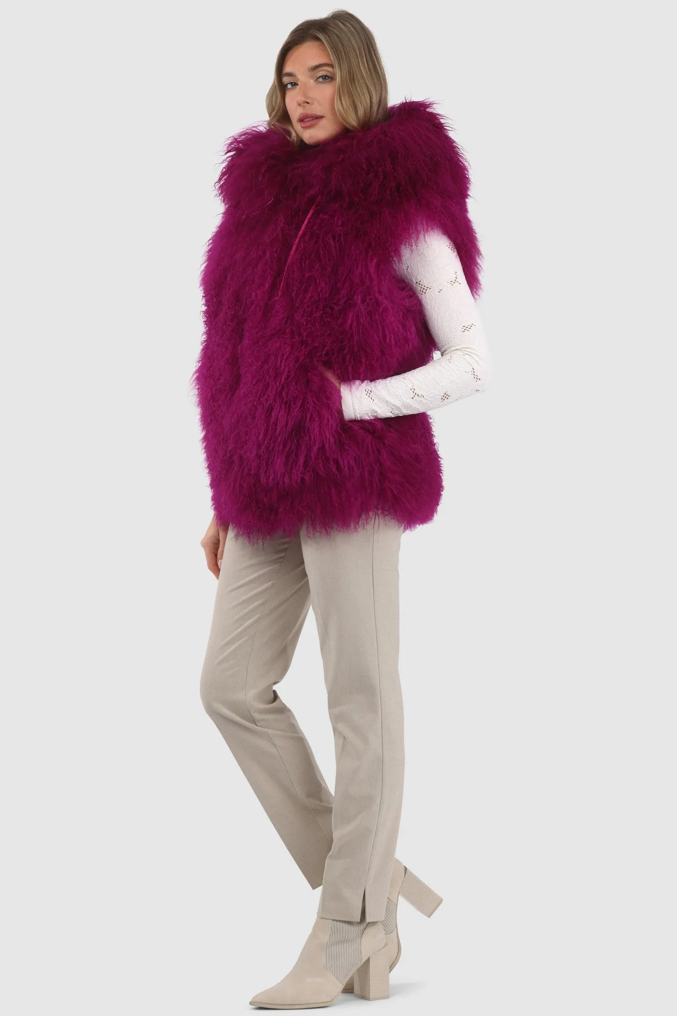 Reversible Mongolian Shearling Lamb Vest with Loro Piana Wool and Cashmere Blend