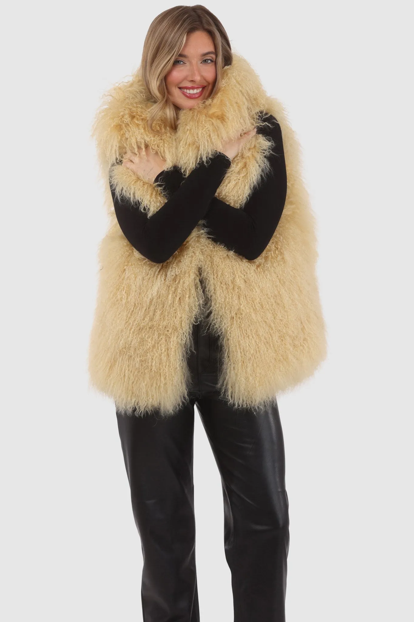 Reversible Mongolian Shearling Lamb Vest with Loro Piana Wool and Cashmere Blend