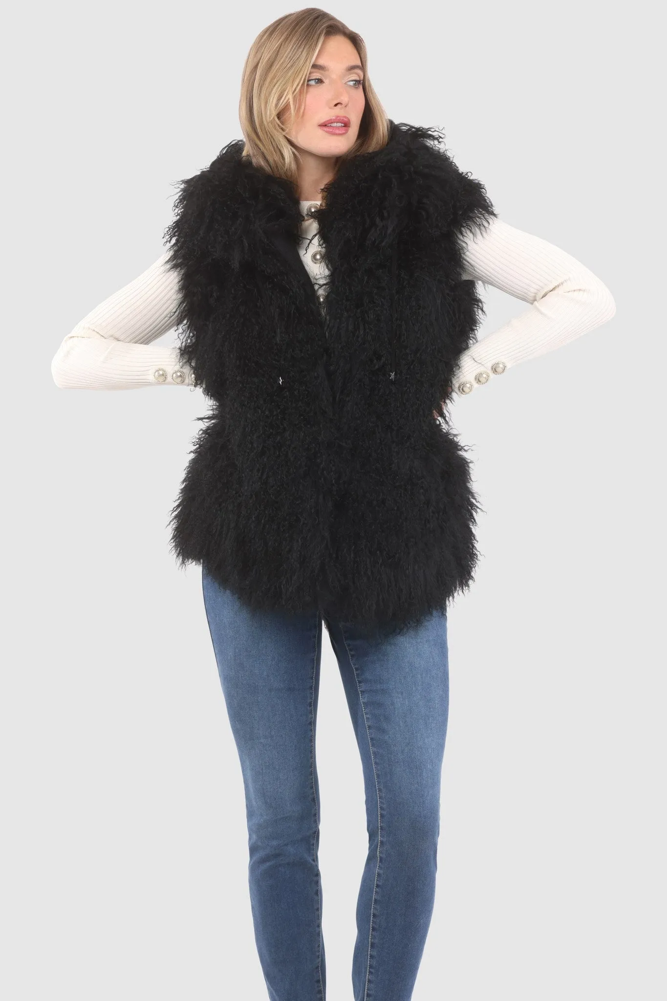 Reversible Mongolian Shearling Lamb Vest with Loro Piana Wool and Cashmere Blend