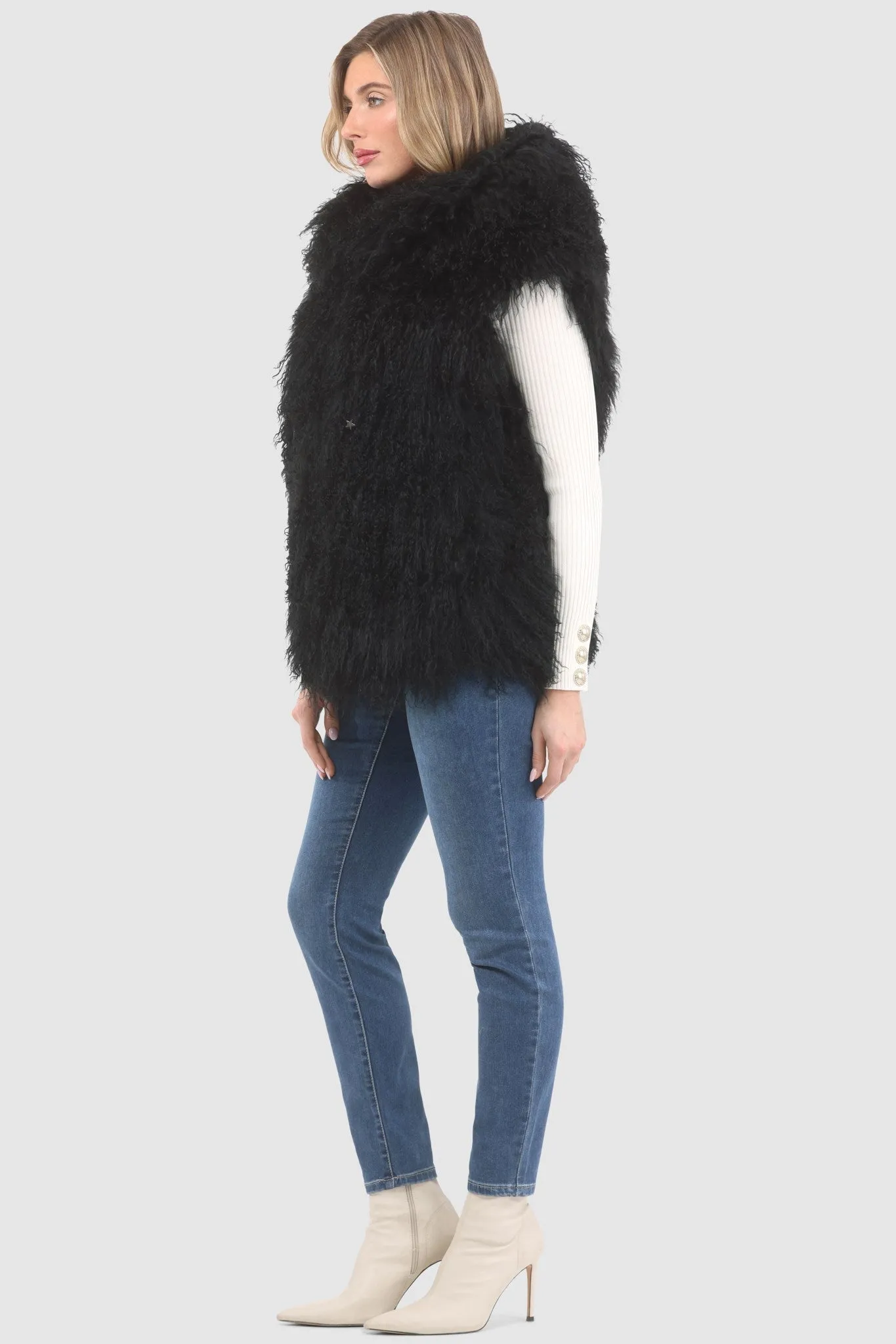 Reversible Mongolian Shearling Lamb Vest with Loro Piana Wool and Cashmere Blend