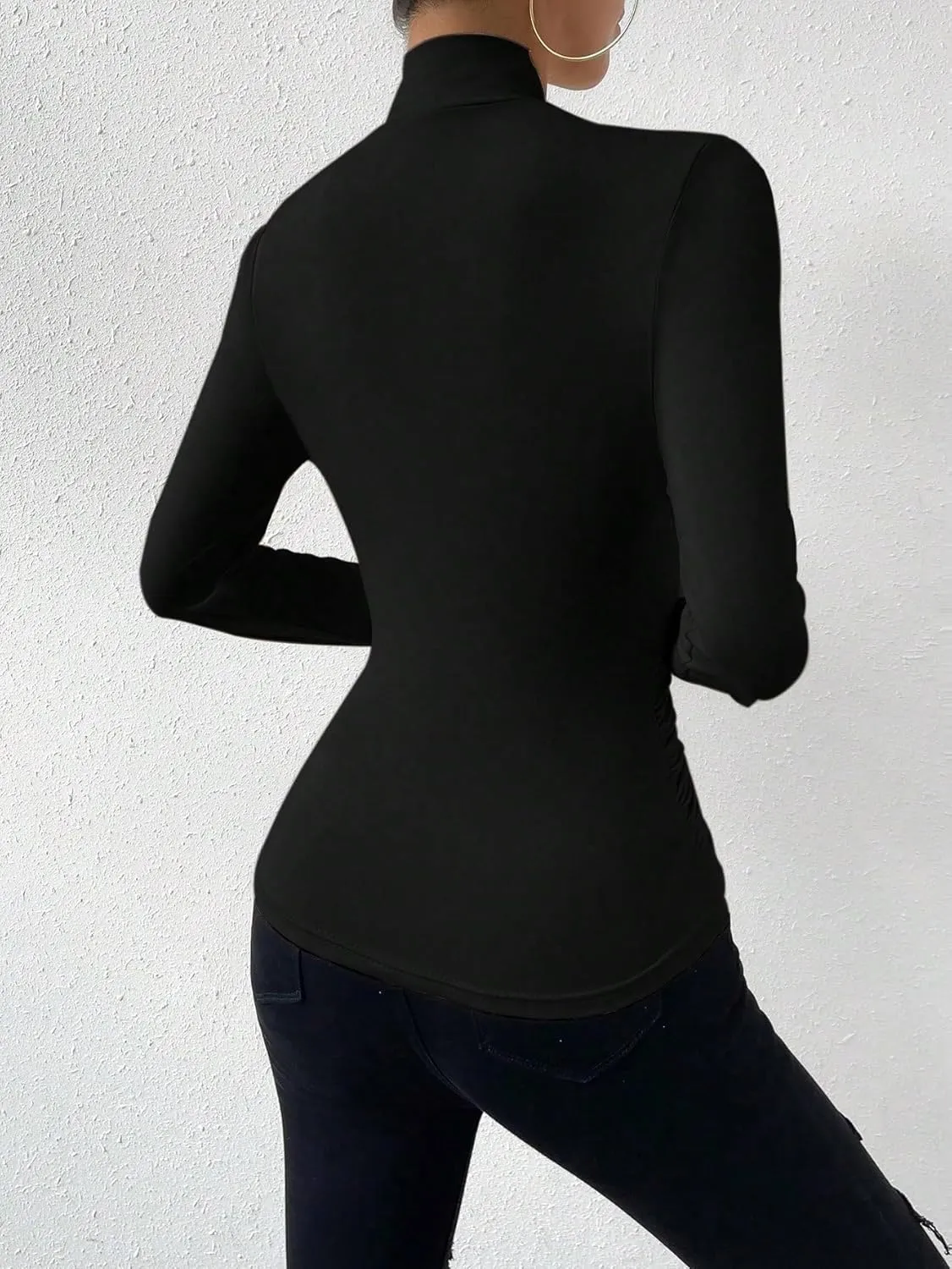 SweatyRocks Women's Ruched Mock Neck Long Sleeve T Shirt Solid Slim Fitted Tee Tops