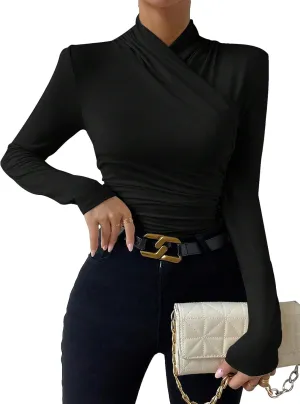 SweatyRocks Women's Ruched Mock Neck Long Sleeve T Shirt Solid Slim Fitted Tee Tops